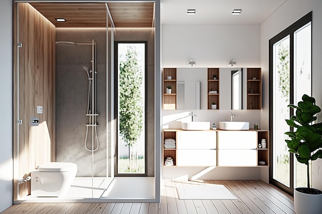 Innenraum eines modernen Badezimmers mit Duschkabine, zwei Waschbecken und Toilettenfenstern auf einem Dachboden. Verwischtes Modell