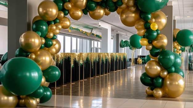 Innenraum eines modernen Einkaufszentrums, geschmückt mit grünen und gelben Luftballons