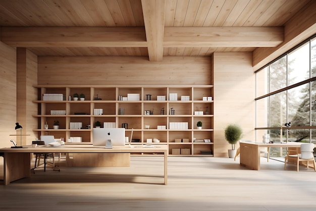Innenraum eines modernen Holzbüros mit Holzwänden Holzbodenreihen von Computertischen