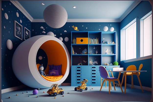 Innenraum eines modernen Kinderzimmers mit stilvollen Möbeln und Spielzeug. Kinderhütte, Spielzelt und Spielzeug