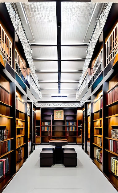 Innenraum eines modernen Korridors mit einem Bibliothekslager-Design mit Regalen und Regalen