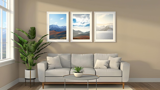 Innenraum eines modernen Wohnzimmers mit braunen Holzwänden, weißem Sofa und Pflanzen 3D-Rendering