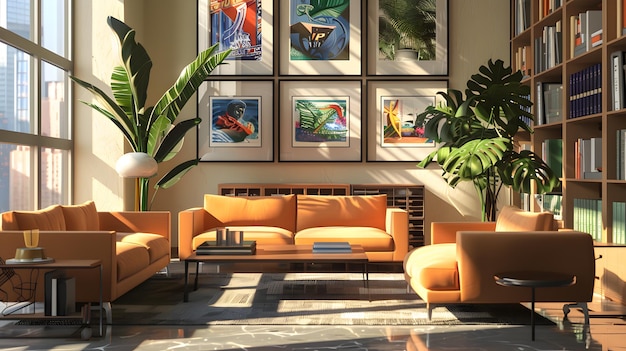 Innenraum eines modernen Wohnzimmers mit braunen Holzwänden, weißem Sofa und Pflanzen 3D-Rendering
