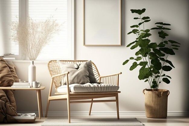 Innenraum eines modernen Wohnzimmers mit einem nachgebildeten Posterrahmen, einem modularen Sofa, einem Rattansessel, Hausschuhen, einem beigen Kissen, einer Leiter, einer Vase mit Trockenblumen und anderen Einzelgegenständen. Dezember