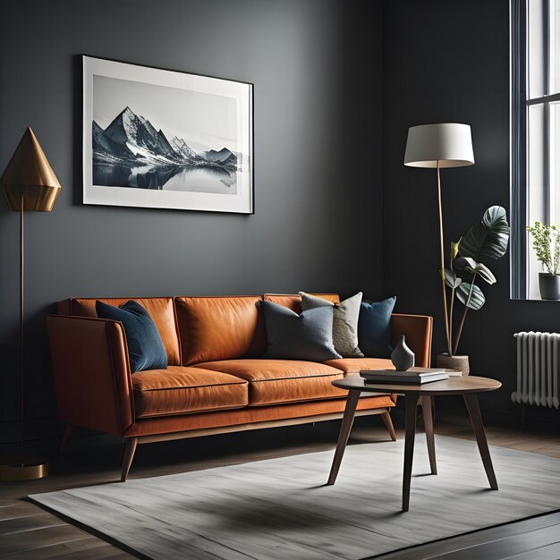 Innenraum eines modernen Wohnzimmers mit grauen Wänden, Holzboden, orangefarbenem Sofa, Kaffeetisch und Bildrahmen an der Wand