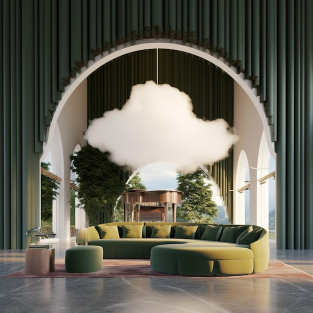 Innenraum eines modernen Wohnzimmers mit grünem Sofasessel und generativer Pflanzen-KI