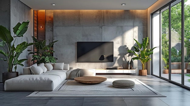 Innenraum eines modernen Wohnzimmers mit Sofa, Fußbodenlampe, Smart-TV und Topfpflanze xAxA