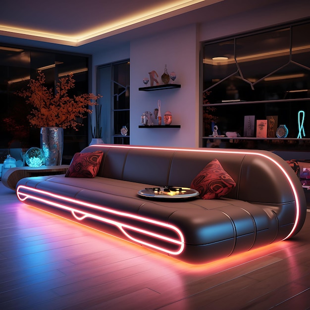 Foto innenraum eines modernen wohnzimmers mit sofa und neonlichtern