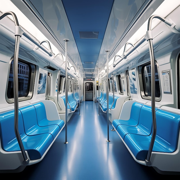 Innenraum eines modernen Zuges mit blauen Sitzen