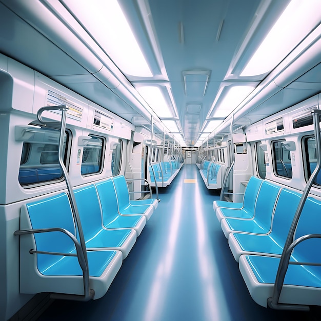 Innenraum eines modernen Zuges mit blauen Sitzen
