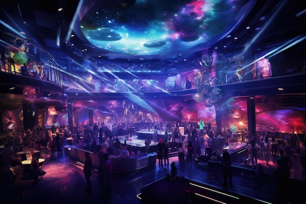 Innenraum eines Nachtclubs mit Menschen und Neonlichtern. Ein ruhiger Nachtclub mit einem eleganten Ballsaal voller Gäste, die zur von KI generierten Musik tanzen