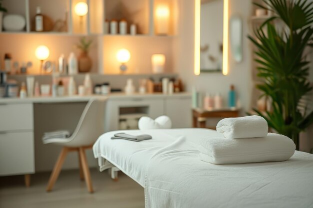 Foto innenraum eines neuen schönheitssalons mit spa-massagetafel und einem set von verwendungsbereiten hautpflegeprodukten