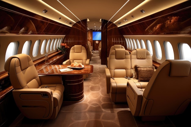 Innenraum eines Privatjets mit Sitzen und Sesseln 3D-Rendering luxuriöser Privatjet-Innenraum, der Eleganz und Komfort ausstrahlt