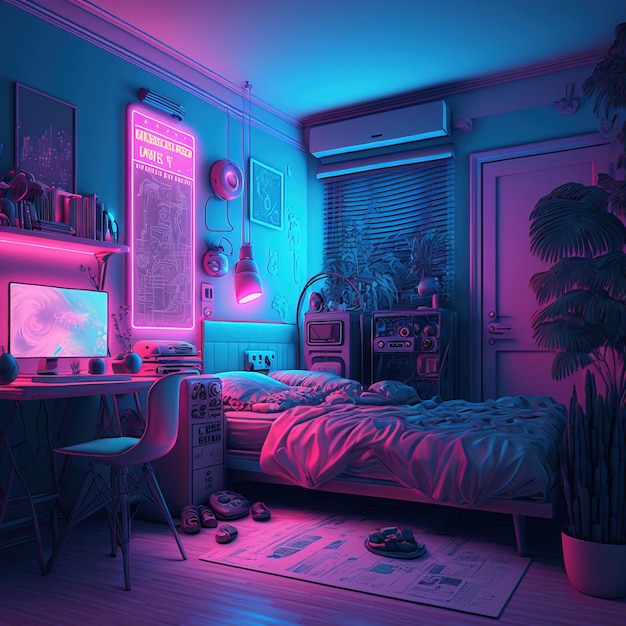 Innenraum eines Raumes mit Gaming-Schreibtisch mit Neon-Effekt und generativen ai-Bildschirmen