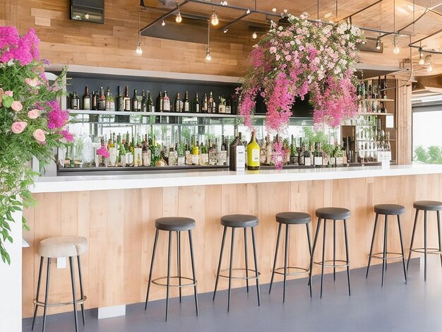 Innenraum eines Restaurants im modernen Loft-Stil, Bar-Schalter, Innenveranda mit frischen Blumen