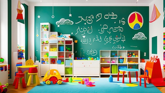 Innenraum eines Spielzimmers in einem Kindergarten mit verschiedenen Spielsachen und farbenfrohen Möbeln
