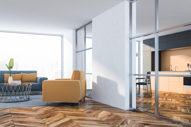 Innenraum eines stilvollen Wohnzimmers mit weißen Wänden, Holzboden, blauem Sofa neben Panoramafenster und gelbem Sessel neben Couchtisch. 3D-Rendering