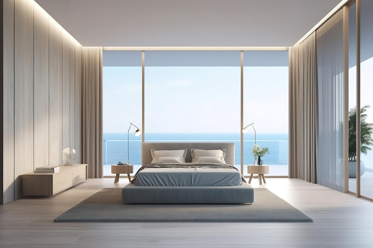 Innenraum eines stilvollen Zimmers mit großem Bett und Spiegel Helles, süßes und gemütliches Schlafzimmer mit ungemachtem Bett Loft und modernes Schlafzimmer 3D-Renderbild Generative KI