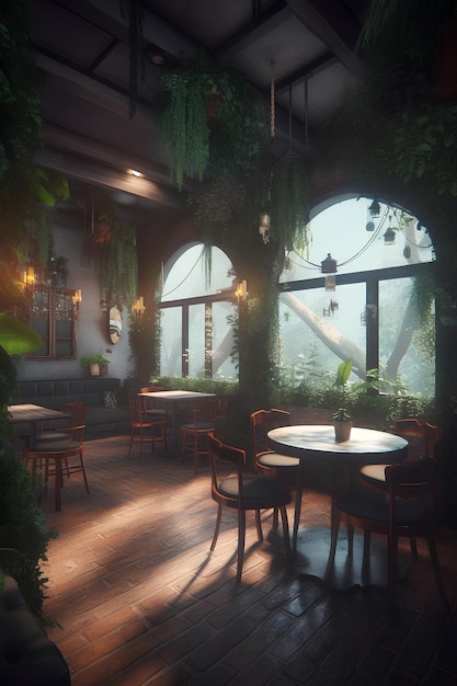 Innenraum eines von der Natur inspirierten Märchenwaldcafés mit magischer Atmosphäre. Generative KI-Inhalte