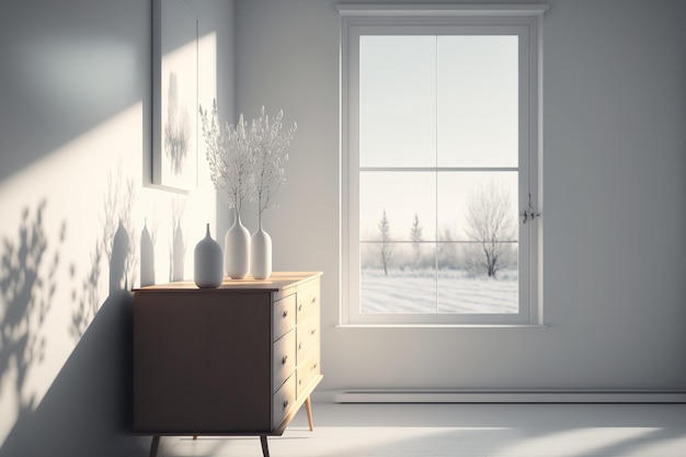 Innenraum eines weißen, kargen, minimalistischen Raums mit Hartholzboden, einer Kommode, Vasendekorationen und einem Fenster mit Blick auf eine weiße Landschaft Innenlandschaft Nordische Innenarchitektur-Illistration