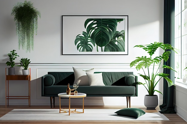 Innenraum eines Wohnzimmers mit einer Pflanze auf einem Tisch und einem Poster über Generative Ai