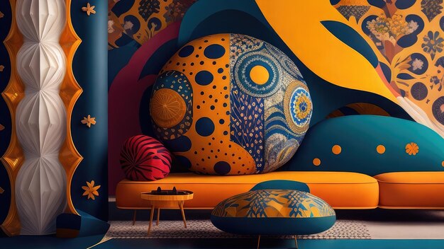 Innenraum eines Zimmers mit einem Sofa und einem dekorativen Muster 3D-Rendering