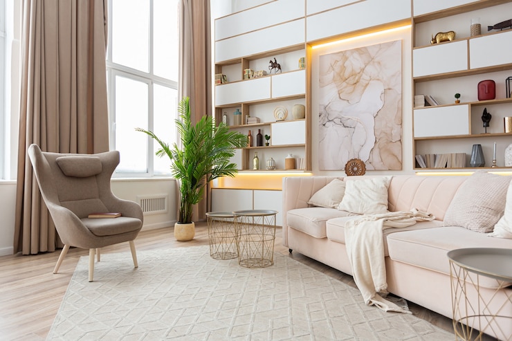 Foto innenraum geräumiges helles studio-apartment im skandinavischen stil und in warmen pastellweiß- und beigetönen.