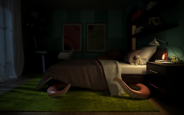 Innenraum Kinderzimmer mit einem Tentakel-Monster unter dem Bett 3D-Rendering