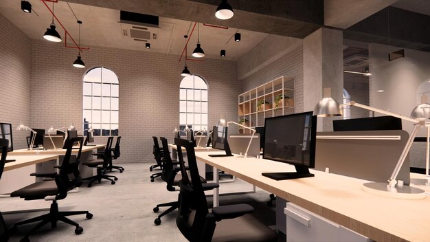 Innenraum leer modernes Loft-Büro offener Raum moderne BüroaufnahmenModernes offenes Konzept Lobby und Empfangsbereich Tagungsraum Design3d Rendering
