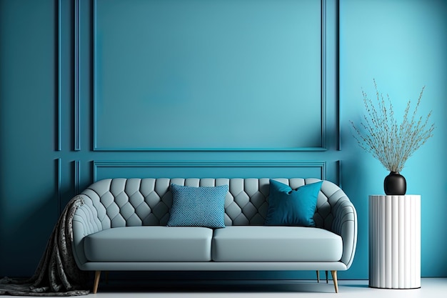 Innenraum mit Couch im Wohnzimmer gegen leere blaue Wand