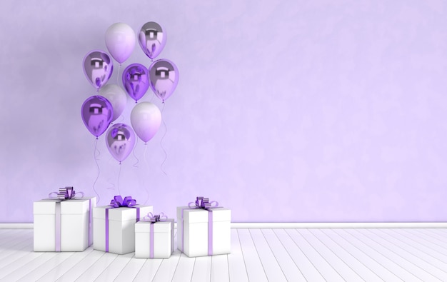 Innenraum mit Folienballons und Geschenkbox rendern