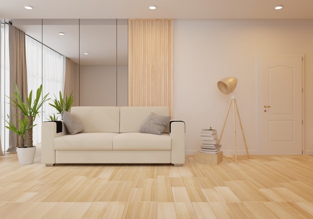 Innenraum mit grauem Sofa im Wohnzimmer mit weißer Wand. 3D-Rendering
