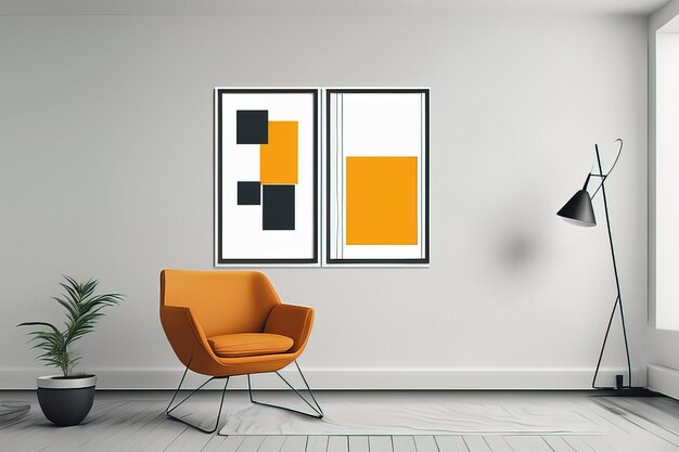 Innenraum mit leerem Plakat, orangefarbenem Sofa und Stuhl, Innenraum mit leeren Plakaten, orangaroten Sofa und Sessel