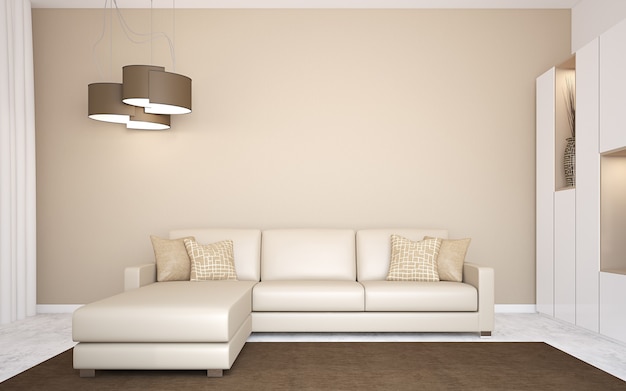 Innenraum mit moderner Couch nahe leerer Wand 3D-Rendering.