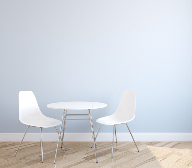 Innenraum mit Tisch und zwei weißen Stühlen nahe leerer blauer Wand. 3d rendern.