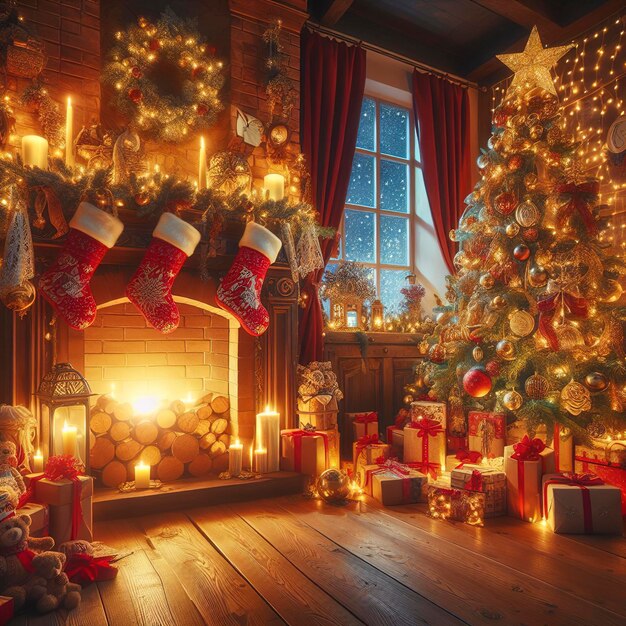 Innenraum Weihnachtsmagie leuchtender Baum Kamin Geschenke auf Holzboden