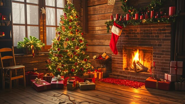 Innenraum Weihnachtsmagie leuchtender Baum Kamin und Geschenke Generative Ai