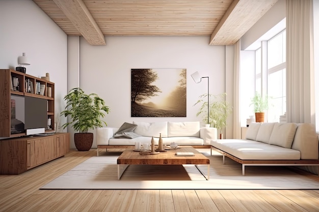 Innenraum Wohnzimmer in weißem Zimmer mit Holzmöbeln Generative KI