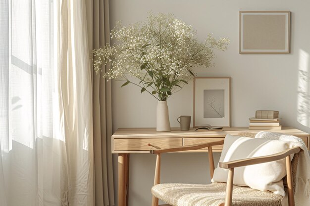 Innenraum Wohnzimmer Minimalistische skandinavische Pflanzen in Vase und großem Rahmen