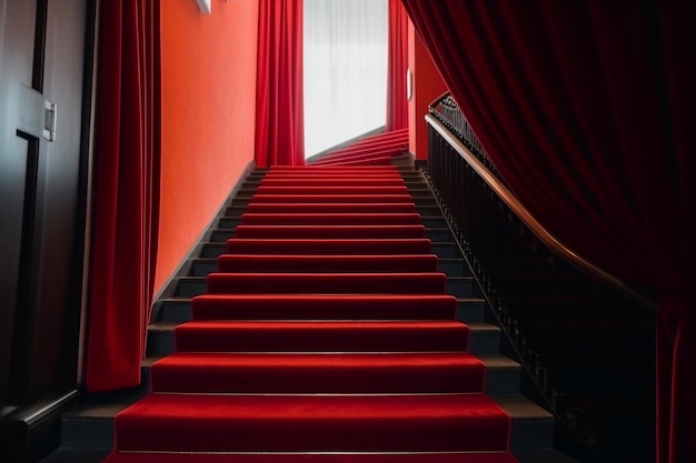 Innenszene einer Hoteltreppe, bedeckt mit generativem KI aus rotem Teppich