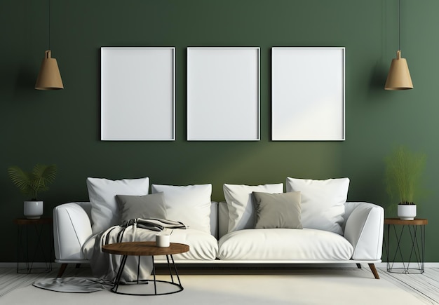 Innenszene mit grünen Wänden, weißem Sofa und drei Rahmenmodellen mit minimalistischen Hintergründen