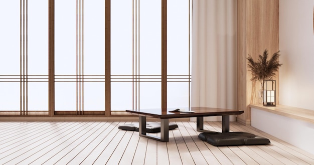 Innenwand aus Holz im Zen-Raum auf Tatami-Mattenboden Niedriger Tisch und Sessel 3D-Rendering