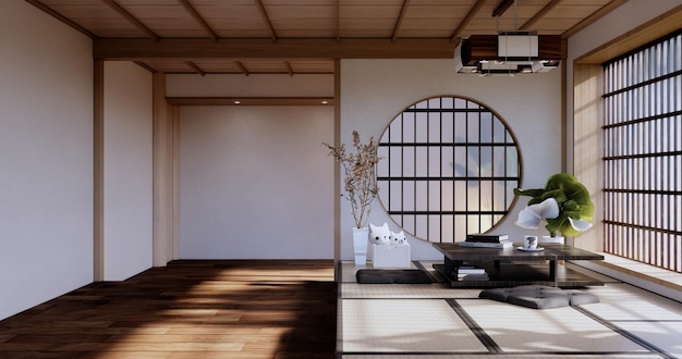 Innenwand aus Holz im Zen-Raum auf Tatami-Mattenboden Niedriger Tisch und Sessel 3D-Rendering