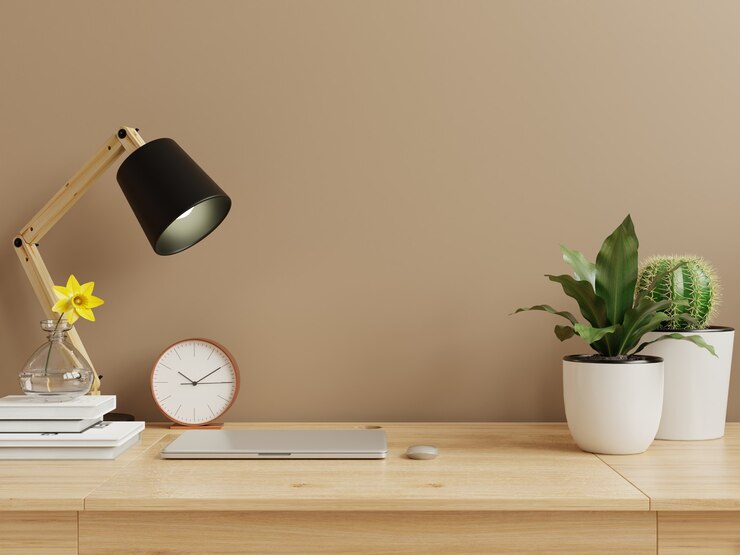 Foto innenwand mit blumenvase, dunkelbrauner wand und holzregal