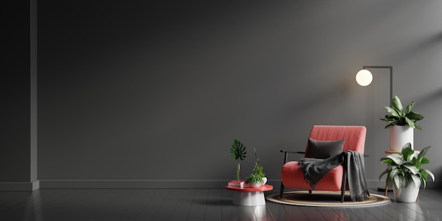 Innenwandmodell in dunklen Tönen mit rotem Sessel auf schwarzem Wandhintergrund