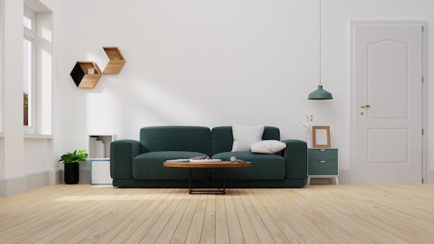 Innenwohnzimmer mit dunklem Sofa. Rendern.