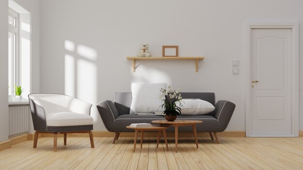 Innenwohnzimmer mit dunklem Sofa. Rendern.