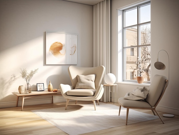 Innenwohnzimmer mit Stuhl und Dekorationen skandinavisches Design Generative AI