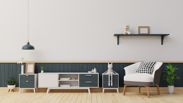 Innenwohnzimmer mit weißem Sideboard und Sessel. Rendern.