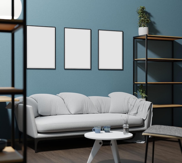 Innenwohnzimmerdesign 3D-Rendering, Galeriewandrahmenmodell im weißen Raum mit trendigen und modernen Möbeln und vielen grünen Pflanzen, 3 Poster in einem Interieur im skandinavischen Stil mit Sofa
